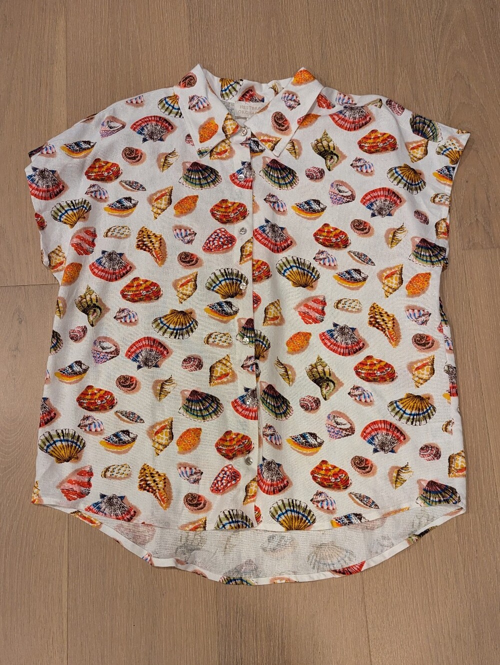 White Shell Print Short Sleeve Button-Up Blouse - Picture 1 of 7